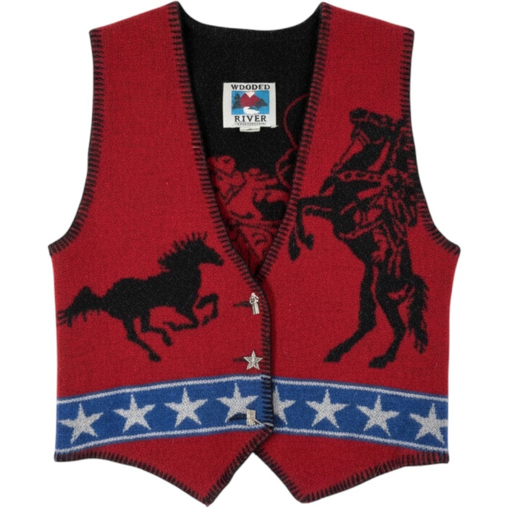 Wooded River Womens Red Wool Blend Western Horse Star Vest Made in USA XS